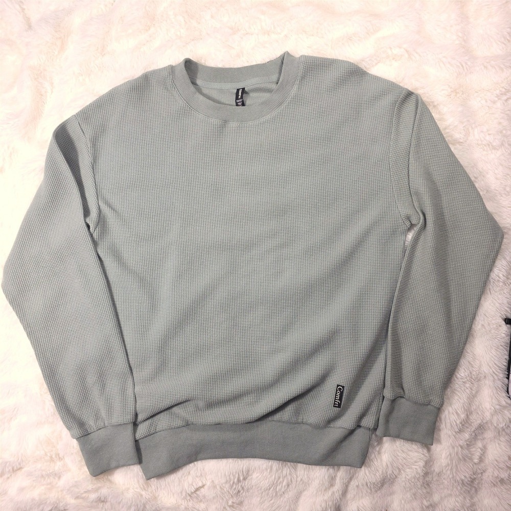 Comfrt Waffle Knit Sweatshirt Unisex Small Sage Green Excellent Relaxed Fit